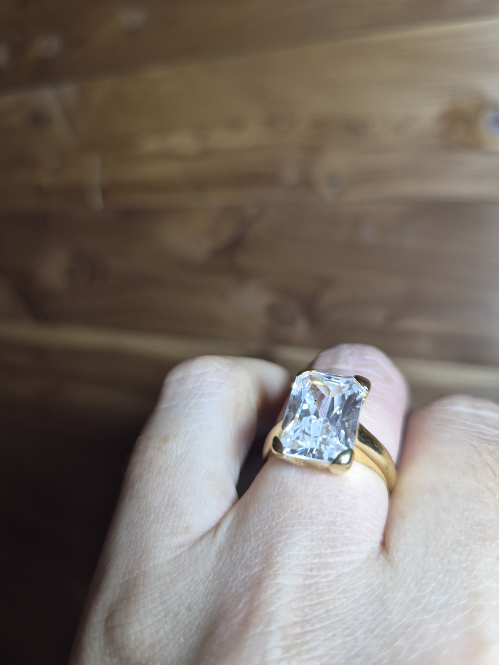 Vintage Gold Solitaire Emerald-Cut Crystal Ring #8